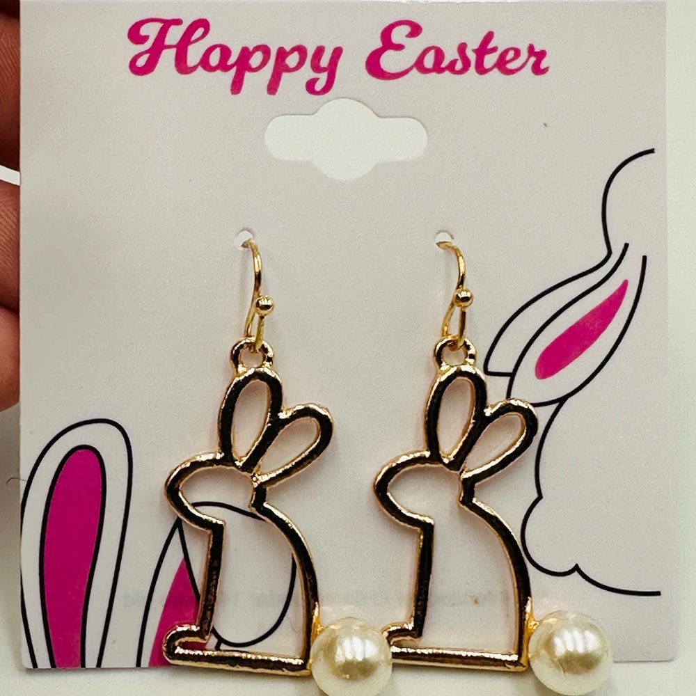 New Gold Toned Wireframe Silhouette Bunny Dangle Earrings With Pearl Accent Tail